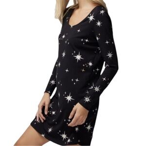 SOMA Celestial Stars Short Nightgown Long Sleeve Shirt S Black Gold